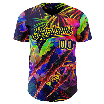Uksn Individuelles Schwarz Marineblau-Hellgelb Cyber Tropische Palmen Musikfestival Kratzspuren Authentisches Baseball-Trikot