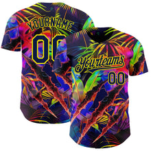 Laden Sie das Bild in den Galerie-Viewer, Uksn Individuelles Schwarz Marineblau-Hellgelb Cyber Tropische Palmen Musikfestival Kratzspuren Authentisches Baseball-Trikot
