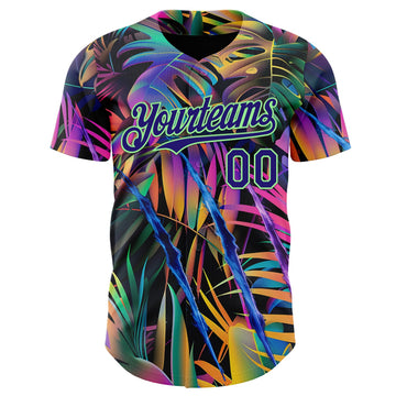 Uksn Individuelles Schwarz Dunkelviolett-Erbsengrün Cyber Tropische Palmen Musikfestival Kratzspuren Authentisches Baseball-Trikot