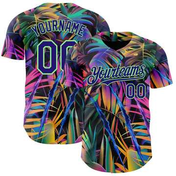 Uksn Individuelles Schwarz Dunkelviolett-Erbsengrün Cyber Tropische Palmen Musikfestival Kratzspuren Authentisches Baseball-Trikot