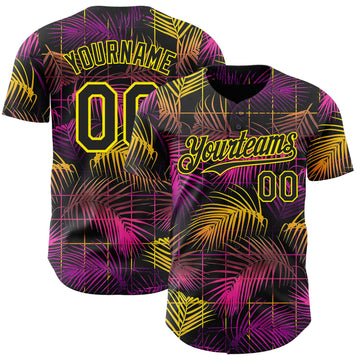 Uksn Individuelles Schwarz Violett-Hellgelb Cyber Tropische Palmen Musikfestival Authentisches Baseball-Trikot