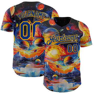 Uksn Individuelles Schwarz Royalblau-Gold Galaxie Stern Nebel Authentisches Baseball-Trikot