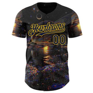 Uksn Individuelles Schwarz Marineblau-Gelb Galaxie Stern Authentisches Baseball-Trikot