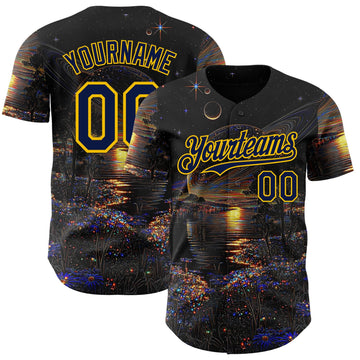 Uksn Individuelles Schwarz Marineblau-Gelb Galaxie Stern Authentisches Baseball-Trikot