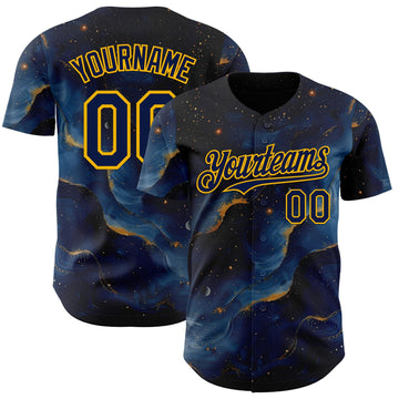 Uksn Individuelles Schwarz Marineblau-Gold Galaxie Stern Nebel Authentisches Baseball-Trikot