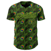 Laden Sie das Bild in den Galerie-Viewer, Uksn Individuelles Schwarz-Neongrün Pfauenfeder-Print Authentisches Baseball-Trikot
