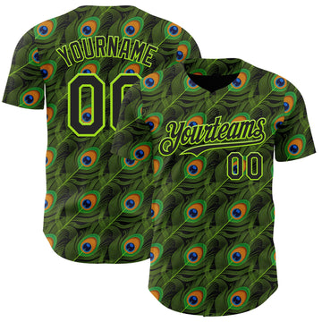 Uksn Individuelles Schwarz-Neongrün Pfauenfeder-Print Authentisches Baseball-Trikot