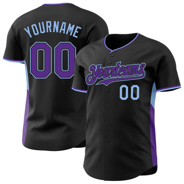 Uksn Individuelles Schwarz Violett-Hellblau Klassischer Farbblock Seitenpanel-Streifen Authentisches Baseball-Trikot