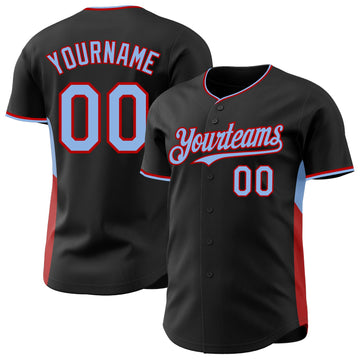Uksn Individuelles Schwarz Hellblau-Rot Klassischer Farbblock Seitenpanel-Streifen Authentisches Baseball-Trikot