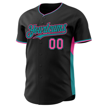 Uksn Individuelles Schwarz Pink-Petrol Klassischer Farbblock Seitenpanel-Streifen Authentisches Baseball-Trikot