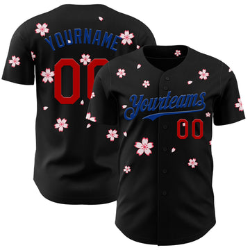 Uksn Individuelles Schwarz Rot-Royalblau Kirschblüten Sakura Authentisches Baseball-Trikot