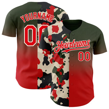 Uksn Individuelles Schwarz Feuerrot-Creme Halbe Camouflage Farbverlauf Authentisches Baseball-Trikot