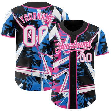 Uksn Individuelles Schwarz Weiß Elektrisch Blau-Pink Geometrische Splitter Punktgitter Authentisches Baseball-Trikot