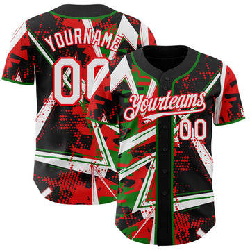 Uksn Individuelles Schwarz Weiß Grasgrün-Feuerrot Geometrische Splitter Punktgitter Authentisches Baseball-Trikot