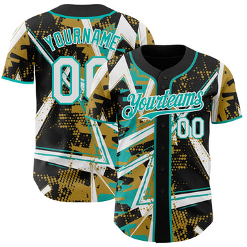 Uksn Individuelles Schwarz Weiß Altgold-Aqua Geometrische Splitter Punktgitter Authentisches Baseball-Trikot