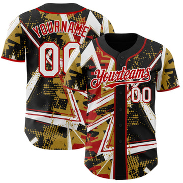 Uksn Individuelles Schwarz Weiß Altgold-Rot Geometrische Splitter Punktgitter Authentisches Baseball-Trikot