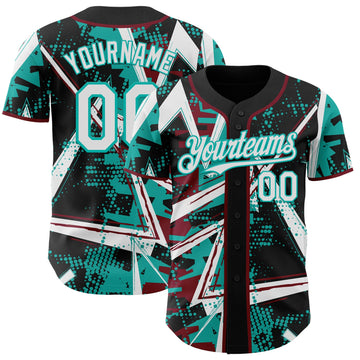 Uksn Individuelles Schwarz Weiß Karmesinrot-Aqua Geometrische Splitter Punktgitter Authentisches Baseball-Trikot