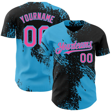 Uksn Individuelles Schwarz Pink-Himmelblau Abstrakter Pinselstrich Authentisches Baseball-Trikot