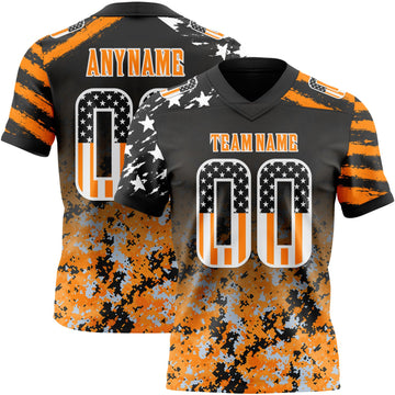 Uksn Individuelles Schwarz USA-Flagge Camouflage Weiß-Bay Orange Authentisches Football Trikot Mit Verlaufs-Digital-Camouflage, Stars & Stripes, Raglanärmeln