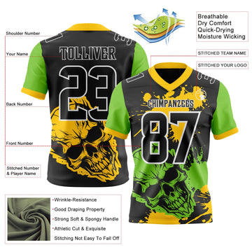 Uksn Individuelles Schwarz Gelb Neongrün-Weiß Authentisches Football Trikot Mit Totenkopf-Farbklecks