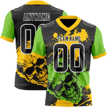 Uksn Individuelles Schwarz Gelb Neongrün-Weiß Authentisches Football Trikot Mit Totenkopf-Farbklecks
