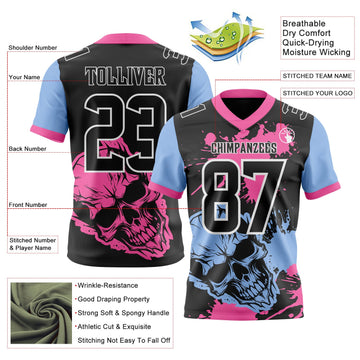 Uksn Individuelles Schwarz Pink Hellblau-Weiß Authentisches Football Trikot Mit Totenkopf-Farbklecks