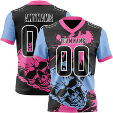 Laden Sie das Bild in den Galerie-Viewer, Uksn Individuelles Schwarz Pink Hellblau-Weiß Authentisches Football Trikot Mit Totenkopf-Farbklecks
