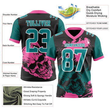 Uksn Individuelles Schwarz Petrol Pink-Weiß Authentisches Football Trikot Mit Totenkopf-Farbklecks