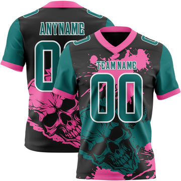 Uksn Individuelles Schwarz Petrol Pink-Weiß Authentisches Football Trikot Mit Totenkopf-Farbklecks