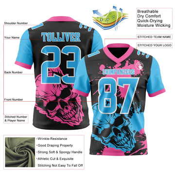 Uksn Individuelles Schwarz Himmelblau Pink-Weiß Authentisches Football Trikot Mit Totenkopf-Farbklecks