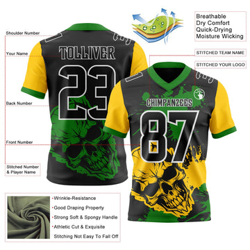Uksn Individuelles Schwarz Grasgrün Gelb-Weiß Authentisches Football Trikot Mit Totenkopf-Farbklecks