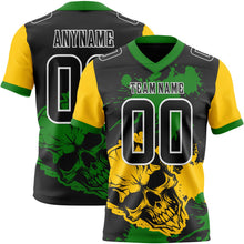 Laden Sie das Bild in den Galerie-Viewer, Uksn Individuelles Schwarz Grasgrün Gelb-Weiß Authentisches Football Trikot Mit Totenkopf-Farbklecks
