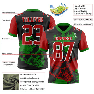 Uksn Individuelles Schwarz Rot Grasgrün-Weiß Authentisches Football Trikot Mit Totenkopf-Farbklecks