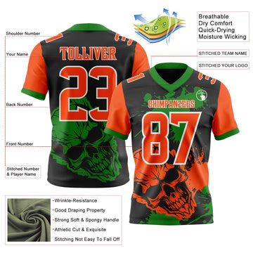 Uksn Individuelles Schwarz Orange Grasgrün-Weiß Authentisches Football Trikot Mit Totenkopf-Farbklecks
