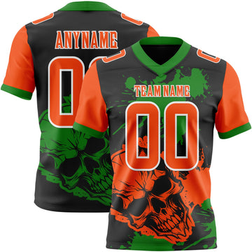 Uksn Individuelles Schwarz Orange Grasgrün-Weiß Authentisches Football Trikot Mit Totenkopf-Farbklecks