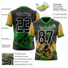 Laden Sie das Bild in den Galerie-Viewer, Uksn Individuelles Schwarz Grasgrün Altgold-Weiß Authentisches Football Trikot Mit Totenkopf-Farbklecks
