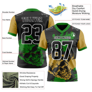 Uksn Individuelles Schwarz Grasgrün Altgold-Weiß Authentisches Football Trikot Mit Totenkopf-Farbklecks