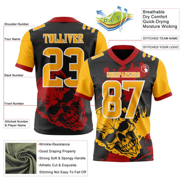Uksn Individuelles Schwarz Gold Rot-Weiß Authentisches Football Trikot Mit Totenkopf-Farbklecks