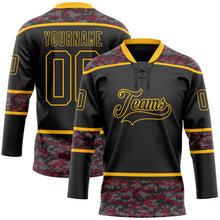 Laden Sie das Bild in den Galerie-Viewer, Uksn Individuelles Schwarz Camouflage-Gold Digitale Camouflage-Akzente Eishockey-Trikot mit Schnürkragen
