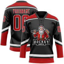 Laden Sie das Bild in den Galerie-Viewer, Uksn Individuelles Schwarz Rot-Weiß Weihnachtsmann 3D Eishockey-Trikot mit Schnürkragen
