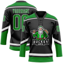 Laden Sie das Bild in den Galerie-Viewer, Uksn Individuelles Schwarz Grasgrün-Weiß Weihnachtsmann 3D Eishockey-Trikot mit Schnürkragen
