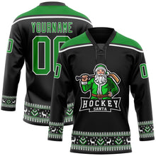 Laden Sie das Bild in den Galerie-Viewer, Uksn Individuelles Schwarz Grasgrün-Weiß Weihnachtsmann 3D Eishockey-Trikot mit Schnürkragen
