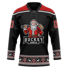Laden Sie das Bild in den Galerie-Viewer, Uksn Individuelles Schwarz Rot-Weiß Weihnachtsmann 3D Eishockey-Trikot mit Schnürkragen
