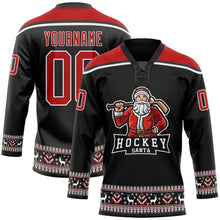 Laden Sie das Bild in den Galerie-Viewer, Uksn Individuelles Schwarz Rot-Weiß Weihnachtsmann 3D Eishockey-Trikot mit Schnürkragen
