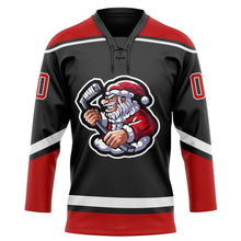 Laden Sie das Bild in den Galerie-Viewer, Uksn Individuelles Schwarz Rot-Weiß Weihnachtsmann 3D Eishockey-Trikot mit Schnürkragen

