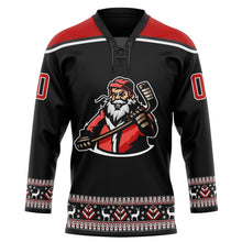 Laden Sie das Bild in den Galerie-Viewer, Uksn Individuelles Schwarz Rot-Weiß Weihnachtsmann 3D Eishockey-Trikot mit Schnürkragen
