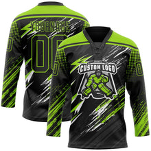 Laden Sie das Bild in den Galerie-Viewer, Uksn Individuelles Schwarz Neongrün Grau-Weiß Diagonale Grunge-Pinselstriche Rasterton Eishockey-Trikot mit Schnürkragen
