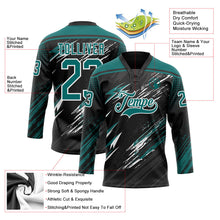 Laden Sie das Bild in den Galerie-Viewer, Uksn Individuelles Schwarz Petrol Grau-Weiß Diagonale Grunge-Pinselstriche Rasterton Eishockey-Trikot mit Schnürkragen
