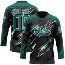 Laden Sie das Bild in den Galerie-Viewer, Uksn Individuelles Schwarz Petrol Grau-Weiß Diagonale Grunge-Pinselstriche Rasterton Eishockey-Trikot mit Schnürkragen
