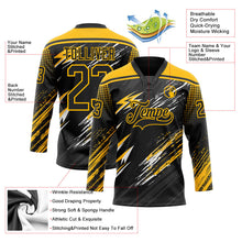 Laden Sie das Bild in den Galerie-Viewer, Uksn Individuelles Schwarz Gold Grau-Weiß Diagonale Grunge-Pinselstriche Rasterton Eishockey-Trikot mit Schnürkragen

